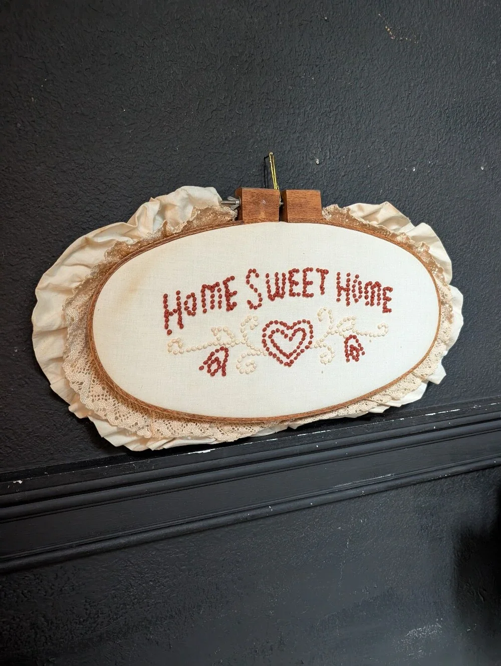 Vintage Cottagecore Hand-Made cross stitch home sweet home, Frill, wall decor
